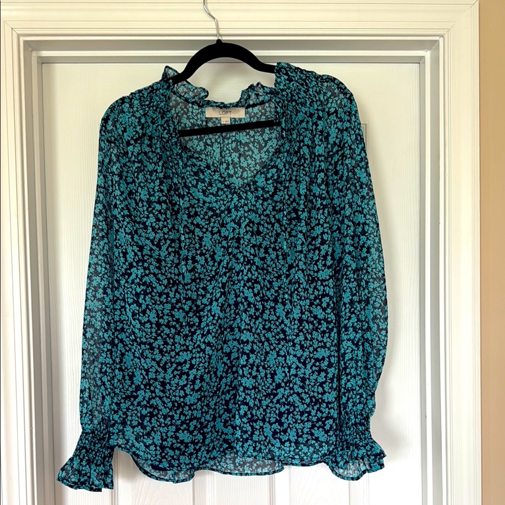 LOFT Sheer Floral Blue Blouse